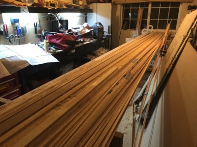  11/5/17 - The build starts by ripping the wood into stringers, ribs, and the keelson. 