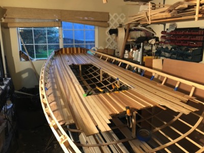  11/28/17 - The modified aft seating area is created out of paulownia and cedar strips. 
