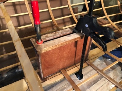  1/2/18 - The top piece of the daggerboard trunk is epoxied in place. 